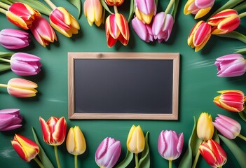 Tulips, spring background, frame, template, blank, copy space.