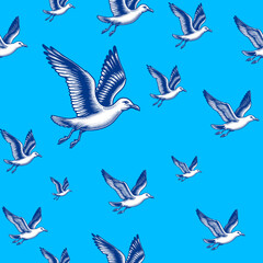 seagulls seamless background texture blue backdrop sketch engraving generative ai raster illustration. Scratch board imitation. Black and white image.