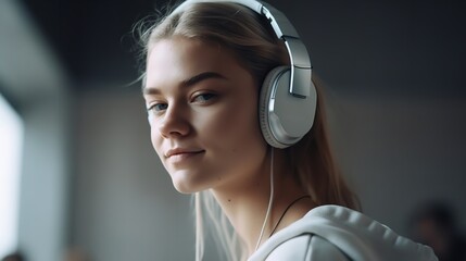 Happy young lady in a contemporary studio listening to music on her headphones. Generative Ai