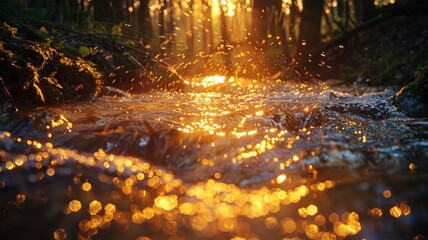 Golden sunrise over serene forest stream with sparkling water