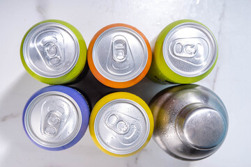 RTD Cocktail or mocktail, Ready to Drink canned beverage in colorful tin cans bottles, trendy easy way to make cocktails  - obrazy, fototapety, plakaty