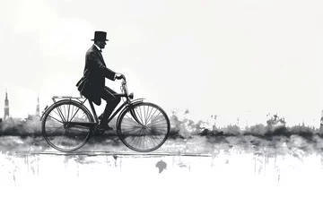 Fotobehang man riding a bicycle sketch engraving generative ai fictional character raster illustration. Scratch board imitation. Black and white image. © Oleksandr Pokusai