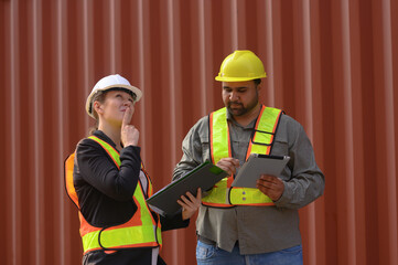 A group of men and women of professional container assemblers stand in a container shipping yard, looking at the preparation of containers. Logistics workers working at containers