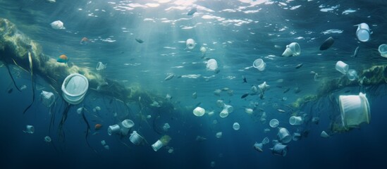 Fototapeta na wymiar A multitude of plastic bottles drift in the underwater electric blue of the ocean, a distressing event for marine biology and science