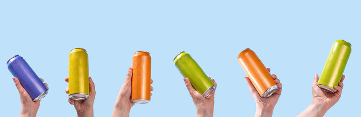 RTD Cocktail or mocktail, Ready to Drink canned beverage in colorful tin cans bottles, trendy easy...