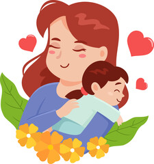 Cartoon Mother's Day Banner Template, Mother Embracing A Daughter. Vector Illustration Flat Design Isolated On Transparent Background