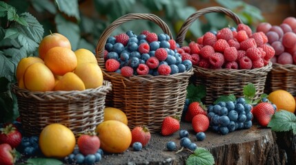   A wooden table topped with baskets of fruit, featuring oranges and raspberries