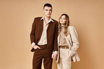 debonair young woman in stylish suit posing with her handsome boyfriend and looking at camera