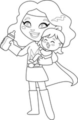 Outlined Super Hero Mom Carrying Her Daughter Cartoon Characters. Vector Hand Drawn Illustration Isolated On Transparent Background