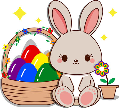 A rabbit sits next to a basket with many eggs and a pot of colored flowers. This image can be used as a background image, clipart, greeting card or icon, suitable for Easter.