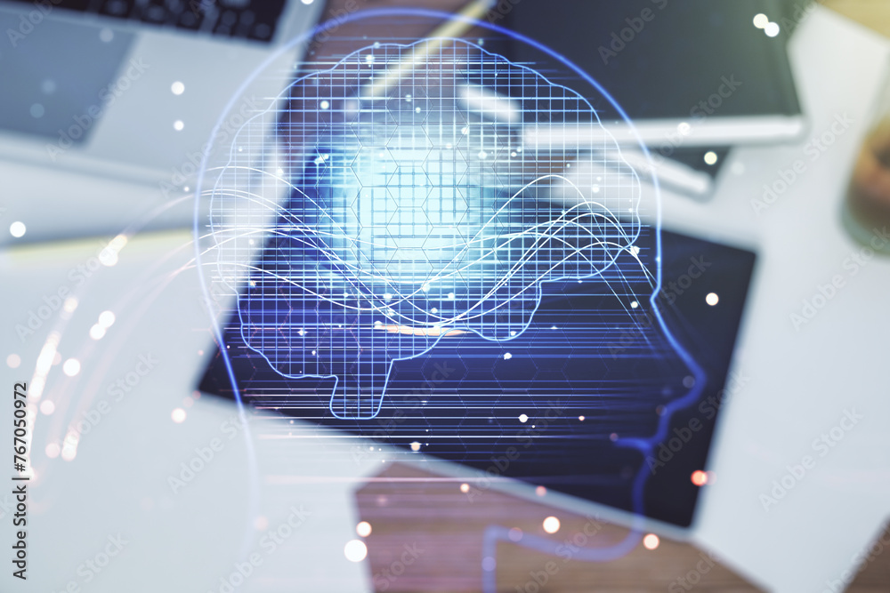 Aufkleber double exposure of creative artificial intelligence symbol and digital tablet on background, top vie