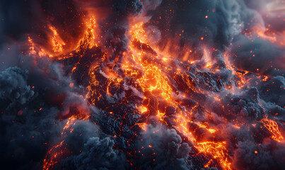 Fototapeta na wymiar Dramatic scene of molten lava bursting with fire and smoke