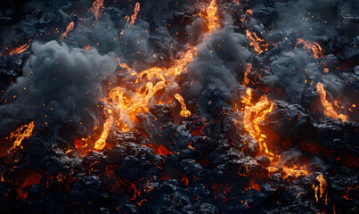 Dramatic scene of molten lava bursting with fire and smoke - obrazy, fototapety, plakaty
