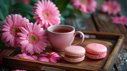 Fototapeta na wymiar Elegant tea time setup with pink gerberas and macarons on wooden tray