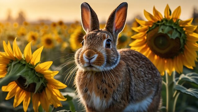 Rabbit in sunflower field with sunflowers at sunset.