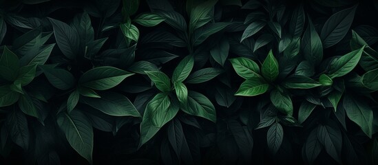 A beautiful image of green leaves set against a dark background, showcasing the intricate details of a terrestrial plant in macro photography