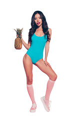Vertical full length body size portrait of sweet girlish gorgeous charming slim thin fit...