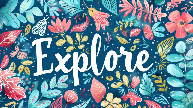 An individual looks at the word "Explore" on a solid colored background in an image.