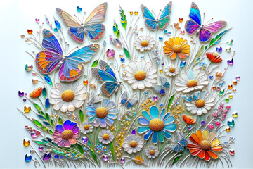 Glass art wildflowers and butterflies with crystal accents on white