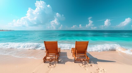   A pair of chairs resting on a sandy shore adjacent to a tranquil waterbody with gentle waves crashing - obrazy, fototapety, plakaty