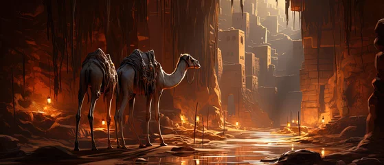 Foto op Canvas a three camels standing in a cave with a stream of water © Masum