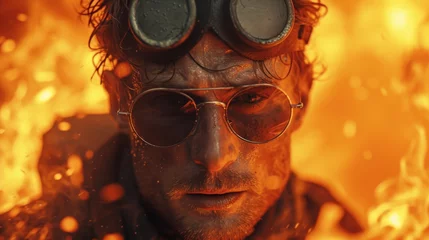 Fotobehang   A close-up of a person wearing goggles in front of a fire with heavy smoke © Viktor