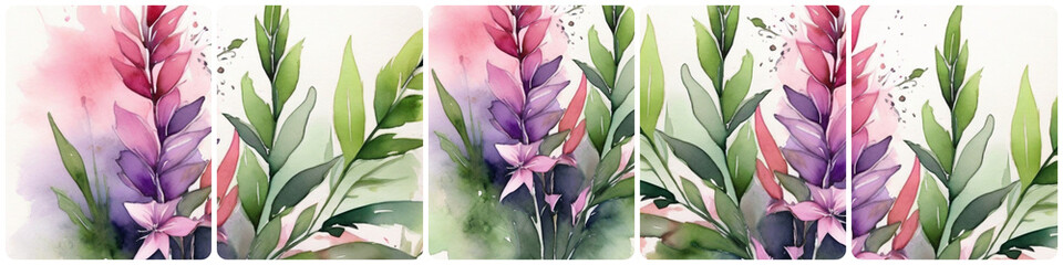 background with grass and flowers, floral watercolour illustration header, collage - obrazy, fototapety, plakaty