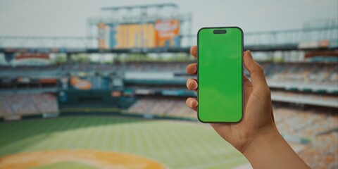 A hand holds a smartphone with a green screen at a baseball stadium - 767051708