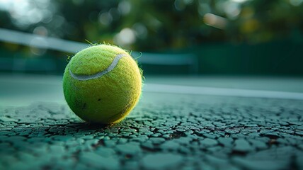 Dynamics of tennis ball on wet court with focus on texture and water droplets - obrazy, fototapety, plakaty