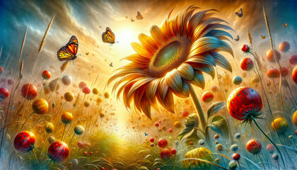 Illustration of a dreamlike world of a ladybird in a cereal field with sunflower