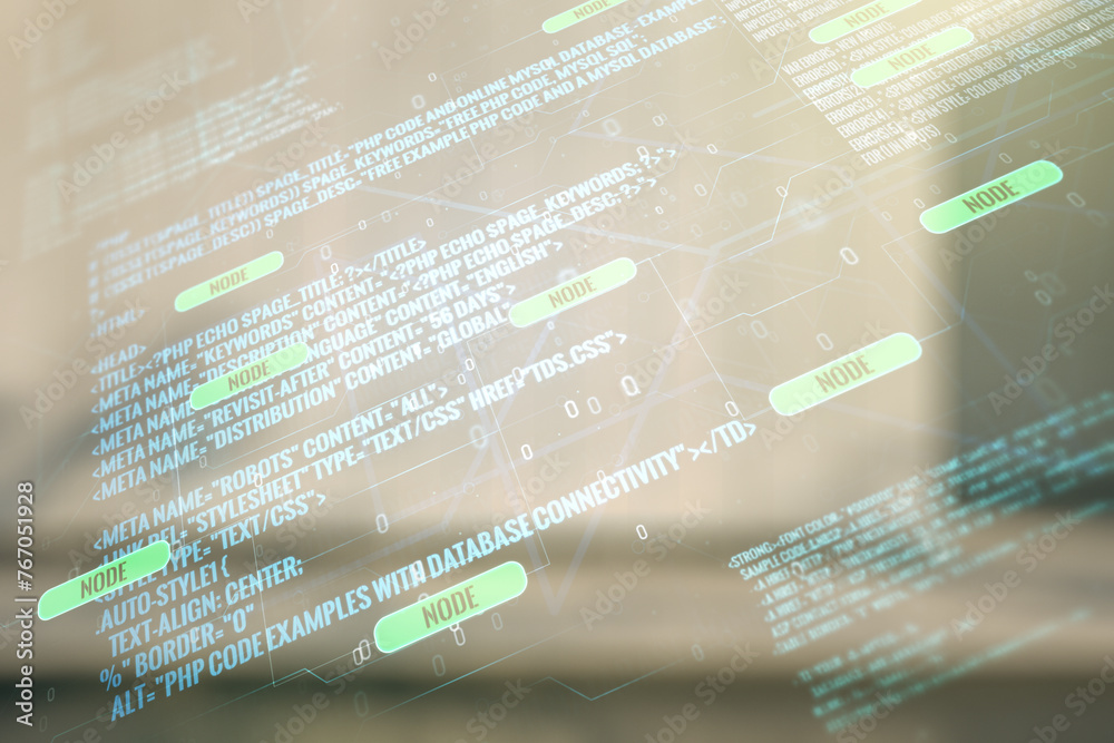 Aufkleber abstract virtual coding concept on blurry modern office building background. multiexposure