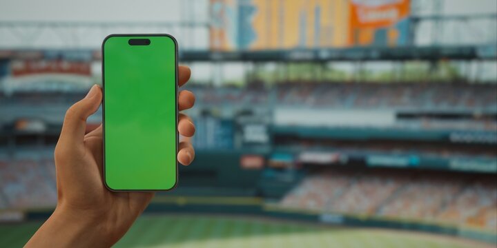 A hand holds a smartphone with a green screen at a baseball stadium