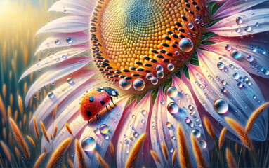 A glimpse into the enchanted world of a ladybug in the morning. Ladybird sitting on a sunflower with raindrops