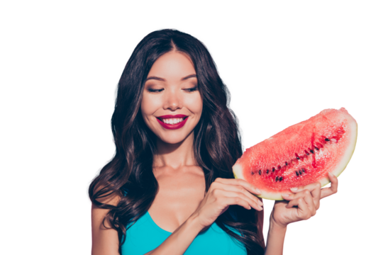 Close-up portrait of cute shine look cheerful funky girlish glamorous attractive gorgeous wavy-haired lady red lips holding in hand melon slice beaming shine white teeth isolated on pink background
