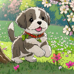 공원을 뛰노는 행복한 강아지