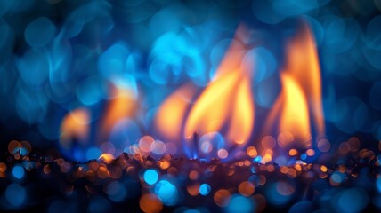 Warm blue flames dance amidst a bokeh light spectacle