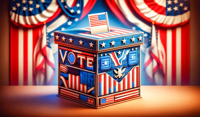 US election. Ballot box and envelope on USA flag background - obrazy, fototapety, plakaty