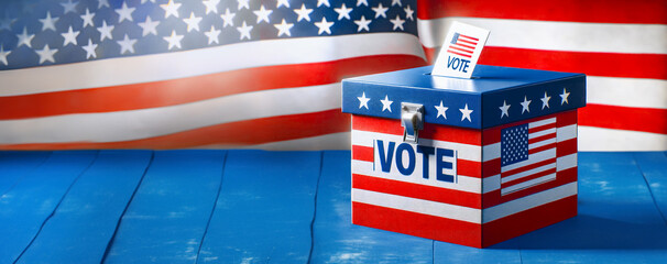 Obraz premium US election. USA flag ballot box and envelope on blue background