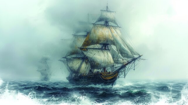   A ship painting with many smoke trails billowing from its sails in the vast ocean