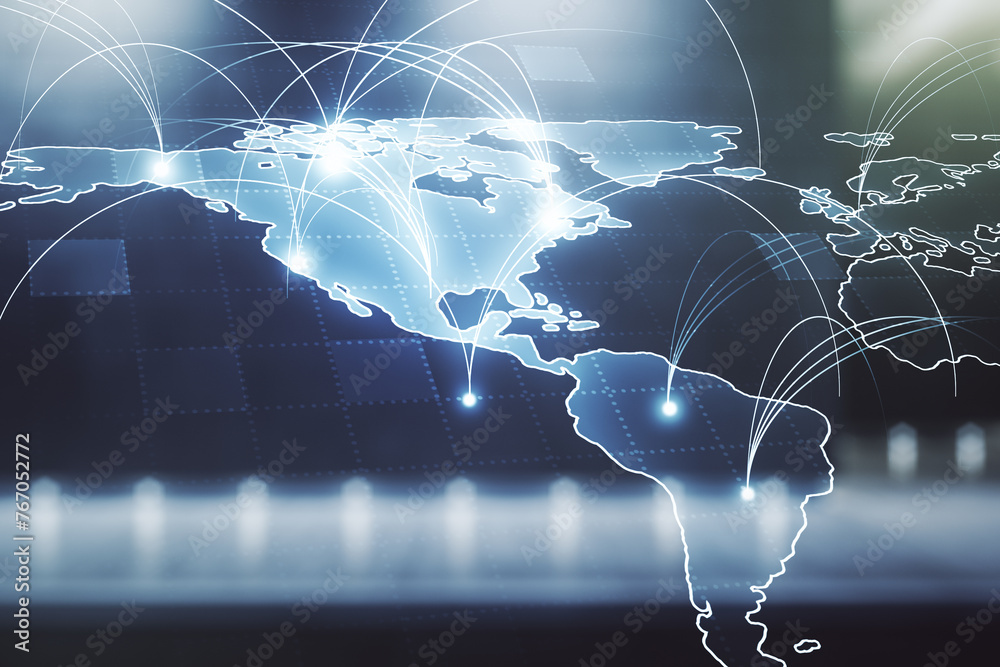 Poster double exposure of abstract digital world map hologram with connections on contemporary business cen