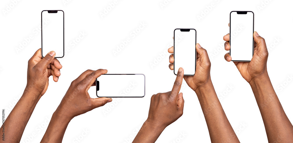 Wall mural man using smart phones with blank screen isolated on transparent or white background