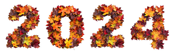 new Year Number 2024 crafted from autumn leaves, with a mixture of red, orange, and yellow hues on transparent background cutout - Generative AI