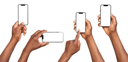 Man using smart phones with blank screen isolated on transparent or white background