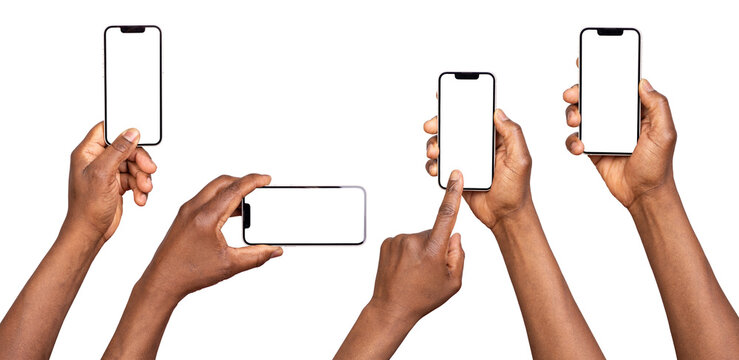 Man using smart phones with blank screen isolated on transparent or white background