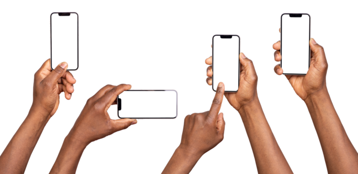 Man using smart phones with blank screen isolated on transparent or white background