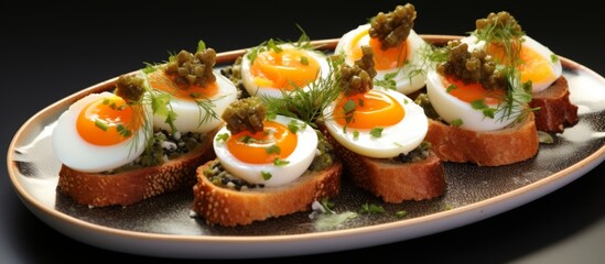 A dish featuring eggs on top of bread, a staple food in many cuisines. This baked goods recipe includes tableware and garnishes with produce