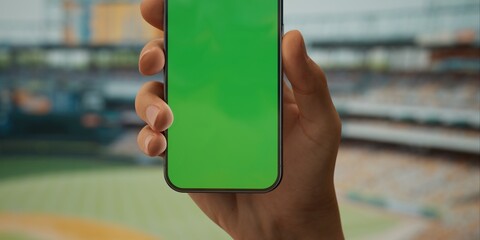A hand holds a smartphone with a green screen at a baseball stadium - 767053140