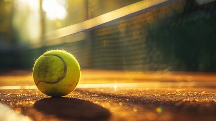 Tennis ball on court surface glistening with sunlight and bokeh highlights - obrazy, fototapety, plakaty