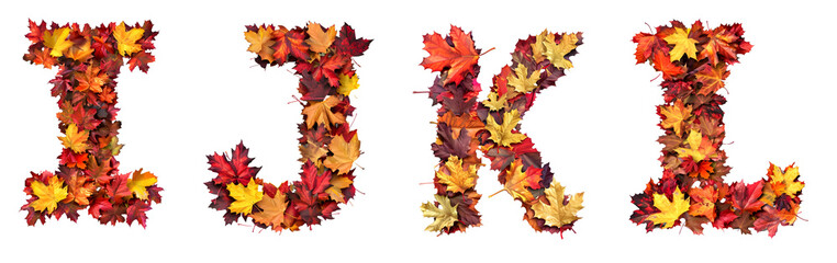 A to Z English alphabet letter design made of autumn leaves. Letter I, J, K, L on transparent background cutout - Generative AI