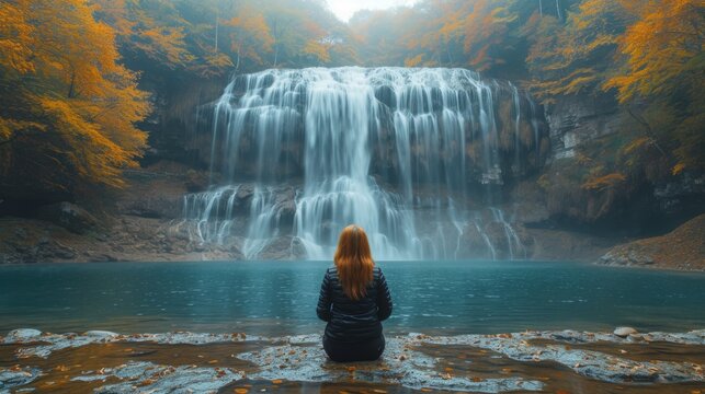  Woman on rock near waterfall with fall foliage in foreground and water body in background